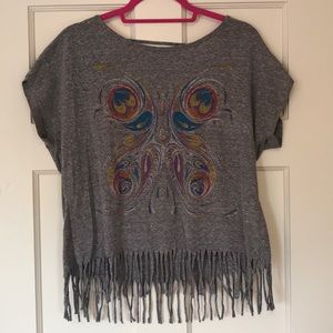 Gray fringe top with butterfly graphic design 🦋